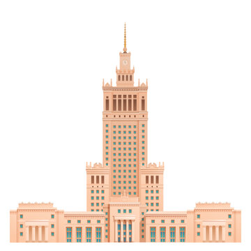 Cartoon vector illustration of the Palace of Culture and Science in Warsaw, Poland, an iconic skyscraper and one of the city's most recognizable architectural landmarks
