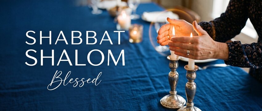 Shabbat Shalom candle lighting blessing by Jewish woman hands over silver candlesticks on dark blue tablecloth during Friday night Jewish Sabbath holiday dinner tradition celebration background.