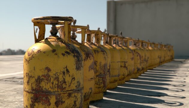 A row of weathered yellow propane gas cylinders standing in sunlight.