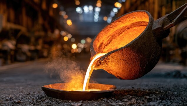 Molten metal being poured from a foundry crucible into a mold.
