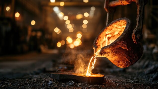 Molten metal being poured into a mold in an industrial foundry.