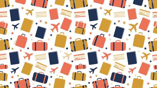 Seamless Travel Pattern: Suitcases, Airplanes, Passports, Tickets, and Stars