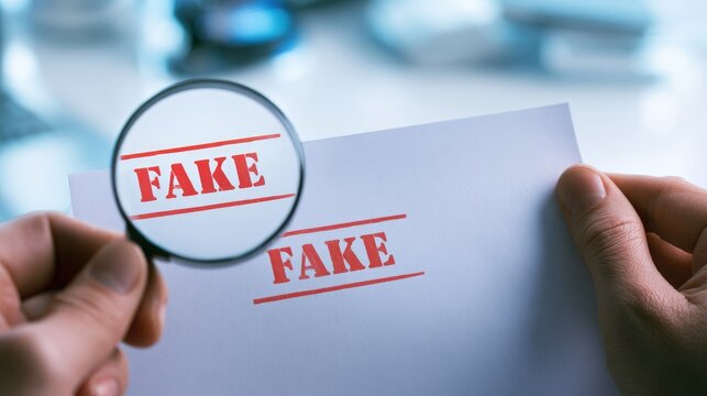 Magnifying glass examining the word fake stamped on a piece of white paper.