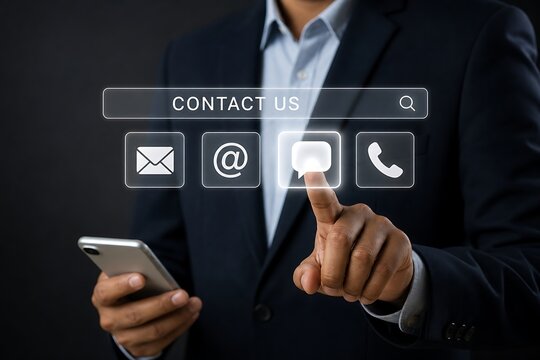 Business professional tapping contact methods on smartphone and digital interface