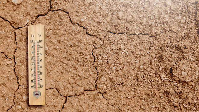 Thermometer showing high temperature on cracked, dry and parched soil, representing climate change, global warming and extreme heatwave. Concept of nature, disaster, climate, environment, or weather