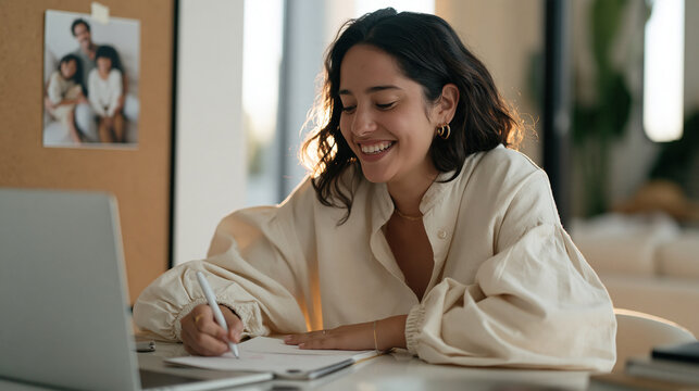 A nutrition coach corrects a meal plan error calmly at a sunlit luxury interior desk, a family photograph pinned to a corkboard behind her as she laughs genuinely at her own