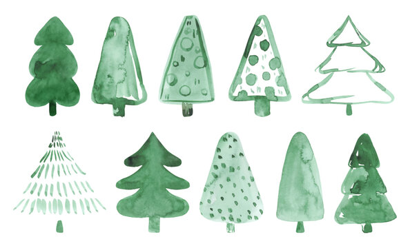 Watercolor Christmas Trees Artistic Vector Set. Aquarelle hand painted pine tree collection.