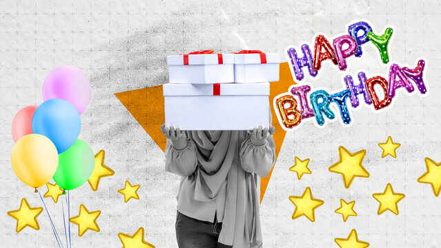 A person holding white gift boxes with red ribbons in front of their face, celebrating with birthday balloons, star decorations, and a happy birthday message. Happy birthday message