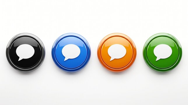Four colorful glossy circular buttons with white speech bubble icons on a white background.