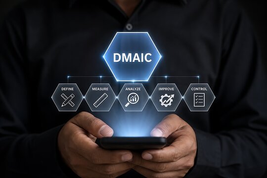 Hand holding smartphone displaying dmaic methodology with process icons