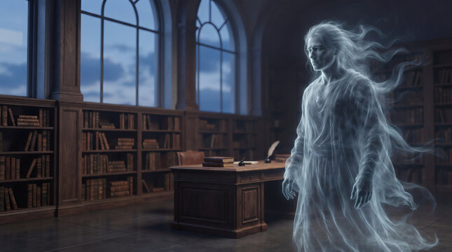 Transparent ghostly man walking in vintage library