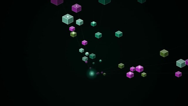 A looping pattern of glowing cubes in purple and green colors against a black background