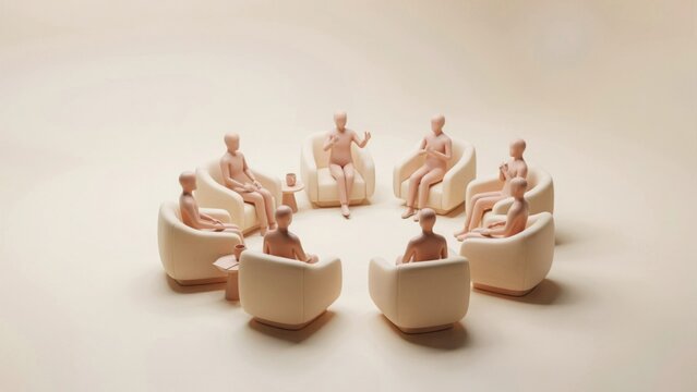 Miniature figurines of people sitting in a circle on armchairs for a group discussion meeting