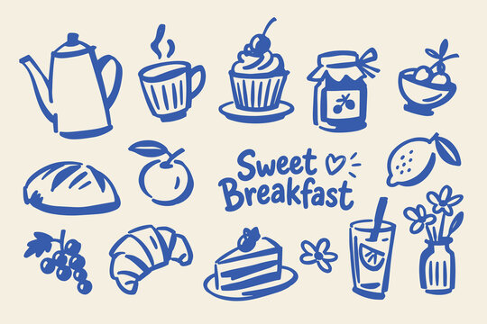 Breakfast Food and Pastry Hand Drawn Doodle Set