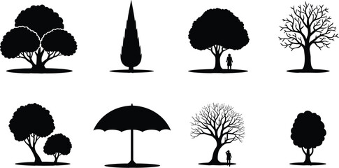 Obraz premium Tree silhouette illustration, diverse tree shapes, nature artwork, forest design, environmental concept, human interaction, landscape vector, ecology symbol, greenery art