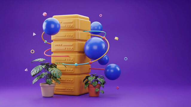 Stack of yellow server units with blue spheres and colorful lines, accompanied by potted plants on purple background