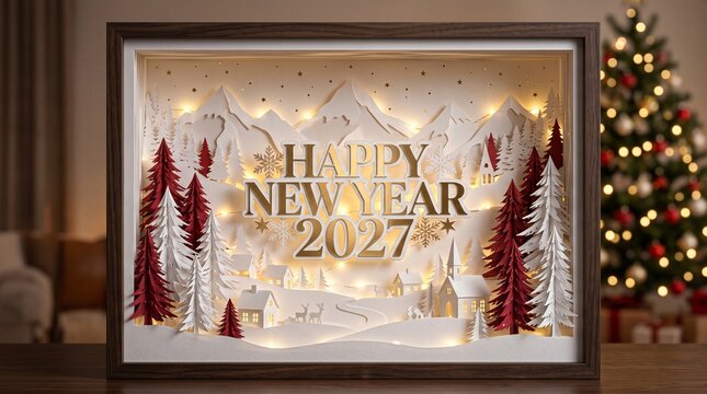 Illuminated 3D Paper Cut Scene Featuring Festive Holiday Decor for Happy New Year 2027 Celebration