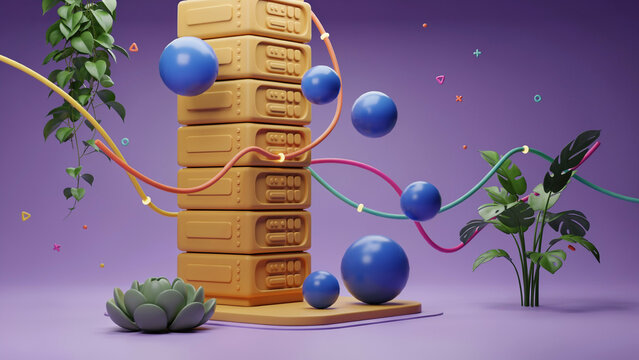 Yellow server tower with blue spheres and colorful cables, surrounded by green potted plants on purple background
