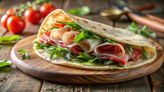 Piadina con prosciutto crudo in primo piano