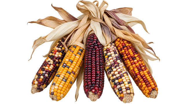 A bundle of colorful Indian corn stalks, dried and tied together, ready for autumn decoration. The ears of corn display a vibrant mix of yellow, orange, red, and purple kernels, with dry.