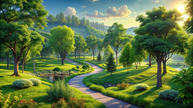 Scenic landscape with lush green trees and winding path