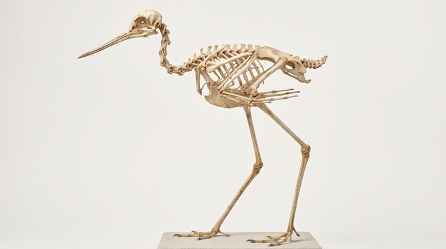 Black stilt skeleton of a long-legged wading bird is mounted on a small base against a white background.
