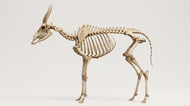 Hirola skeleton stands in side profile against a neutral bright studio backdrop.
