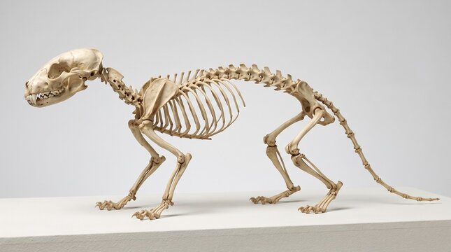 Black footed ferret skeleton of a small carnivorous mammal mounted on a white surface against a plain studio background.