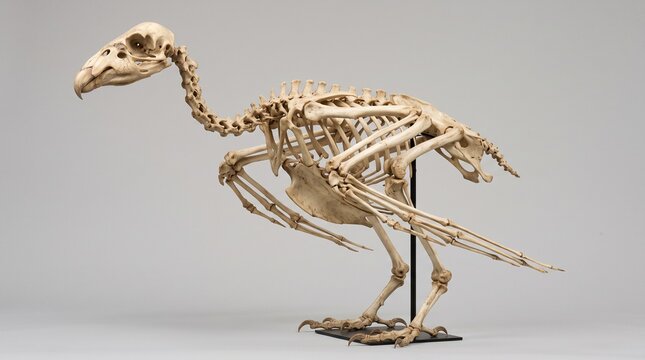 California Condor skeleton specimen displayed on a stand against a plain neutral background.