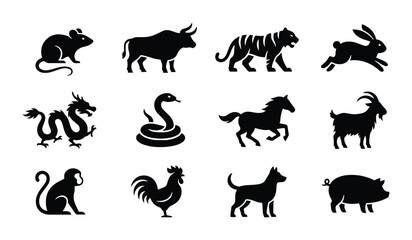 Obraz premium Chinese Zodiac Animals Vector Icons Set, Traditional Lunar Horoscope Silhouettes, Eastern Astrology Symbols Collection, Black and White Graphic Elements