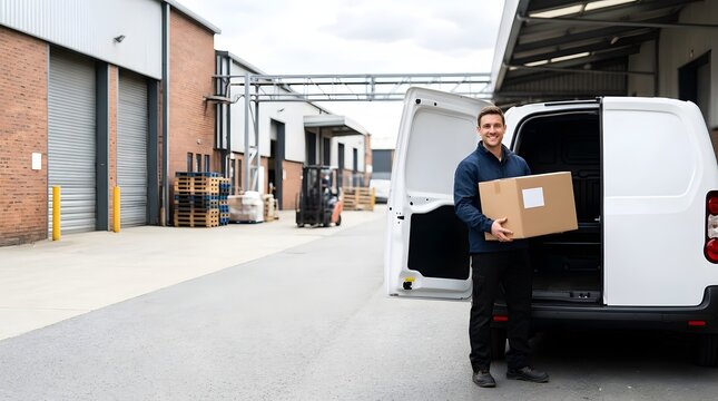 Delivery driver unloading cardboard parcel from van at industrial warehouse
