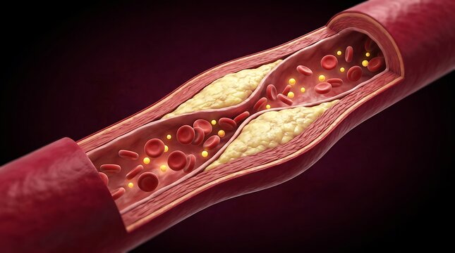 Clogged artery with cholesterol plaque and red blood cells