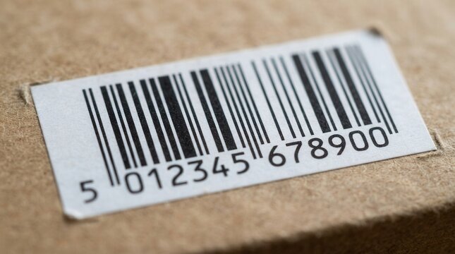 Close up of a barcode label on a cardboard box.