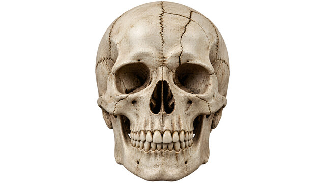 A close-up of a human skull, showing intricate details and cracks. The skull is the subject of the image, with the background out of focus.