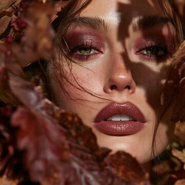 Soft feminine portrait with rose-toned makeup, glossy lips and autumn leaves.