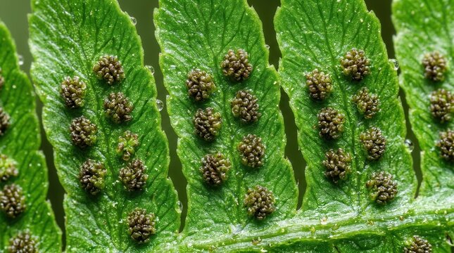 Close up macro view of fern frond with visible sori.
