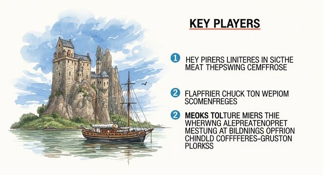 Key Players in a Fictional World - Castle, Ship, and Text.