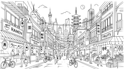 Obraz premium Hand drawn sketch of busy Japanese street with shops and people