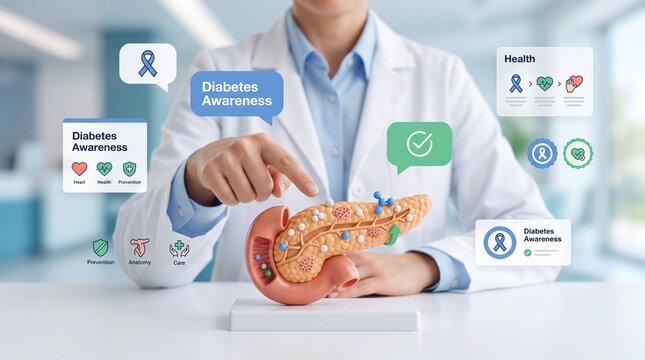 Doctor pointing to a model of a human pancreas in a medical office for diabetes awareness