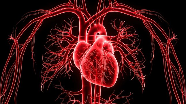 Red human heart and circulatory system anatomy