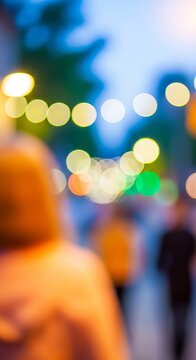 Blurred street scene with bokeh lights and pedestrian figures.