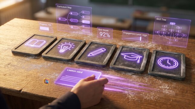 Teacher's hand swiping a digital lesson card among glowing holographic overlay icons of an open book, lightbulb, pencil, graduation cap, and clock on a rustic wooden desk
