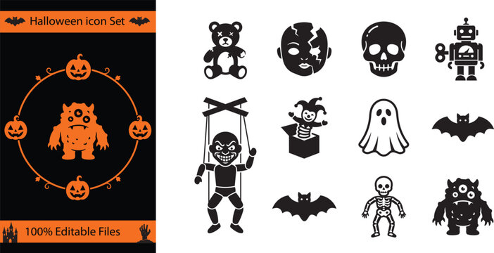 Set of creepy Halloween icons including monsters puppets skulls ghosts and spooky holiday decorative elements