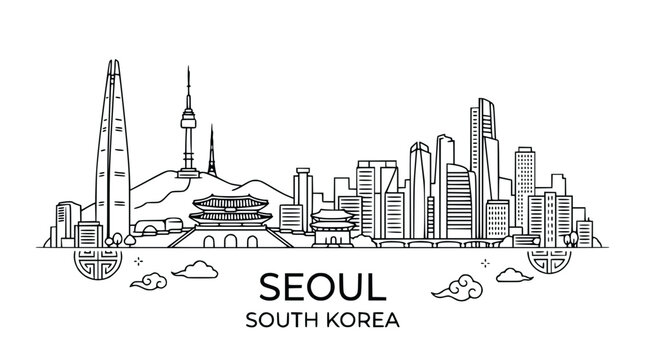 White Seoul South Korea skyline line art.