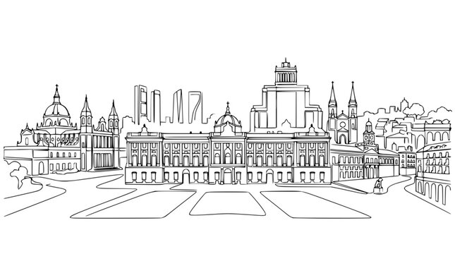 Urban building silhouette line art on black.