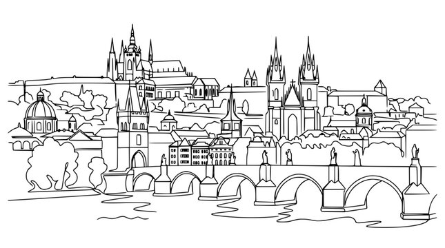 Urban cityscape panorama vector line drawing art.