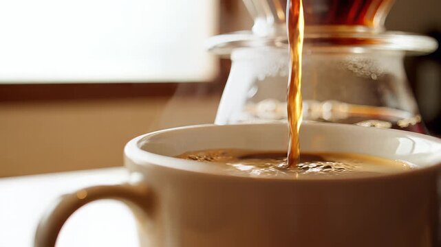 Pouring hot fresh coffee from glass dripper into a white ceramic mug