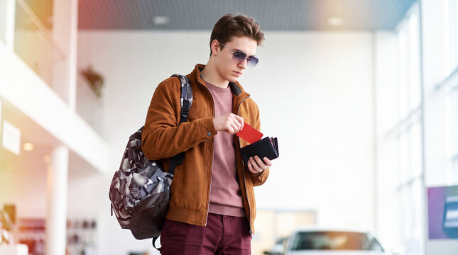 A stylish young man with a backpack takes out a red bank card from his wallet to make purchases at a car dealership. Payment by bank card
