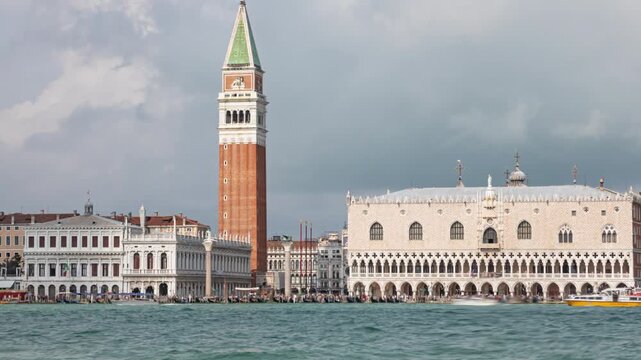 Hyper lapse Riva degli Schiavoni, Doge's Palace and busy Venetian Lagoon traffic, Venice, Italy