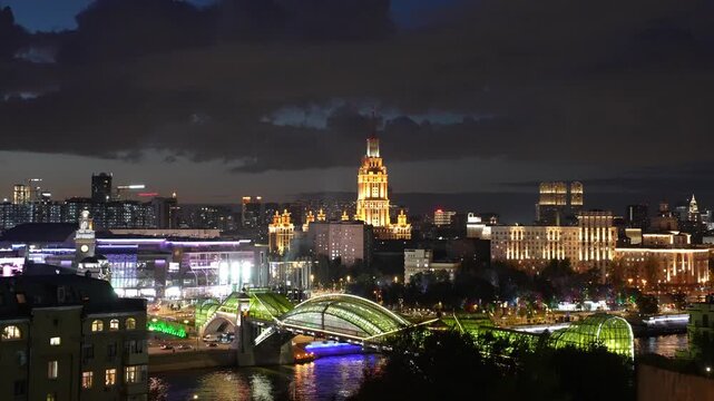 Moscow cityscape with bogdan khmelnitsky bridge at night